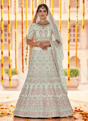Pista Green Color Crepe Material Stone And Resham Work Lehenga