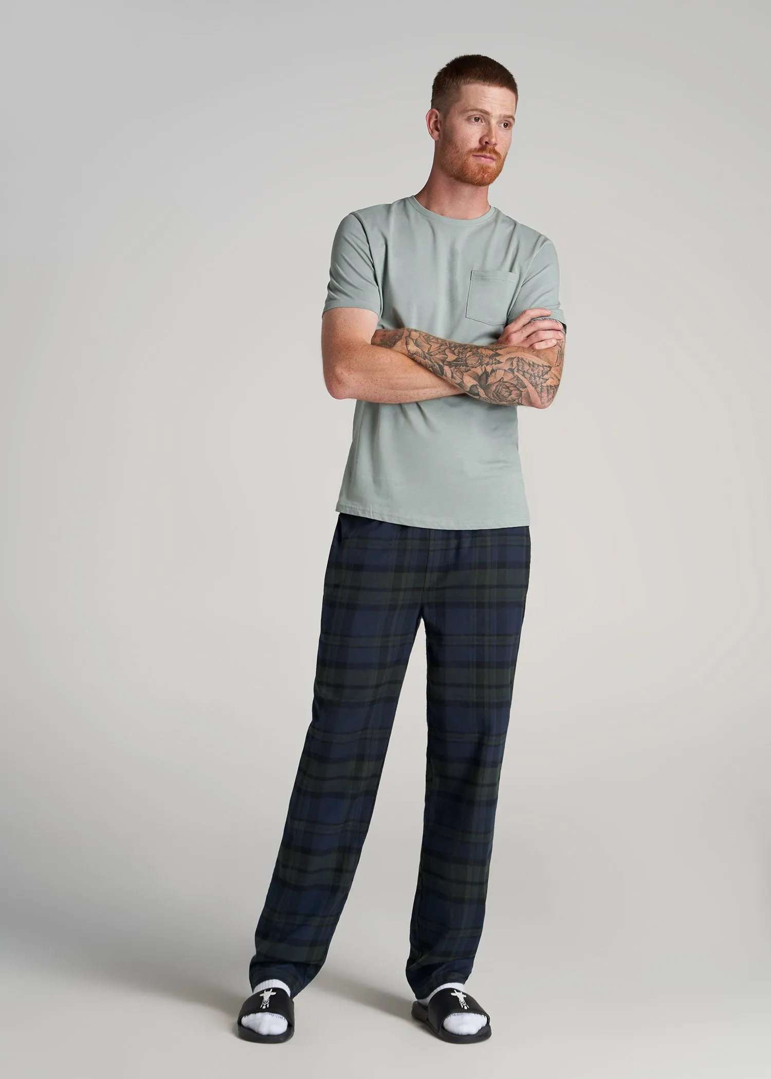 Plaid Pajama Pants for Tall Men in Olive & Dark Cobalt Plaid
