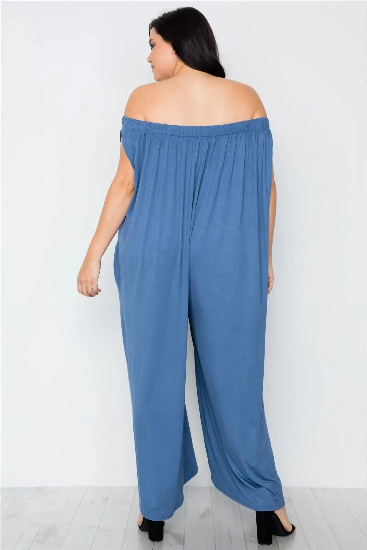 Plus Size Denim Blue Basic Off-The-Shoulder Jumpsuit