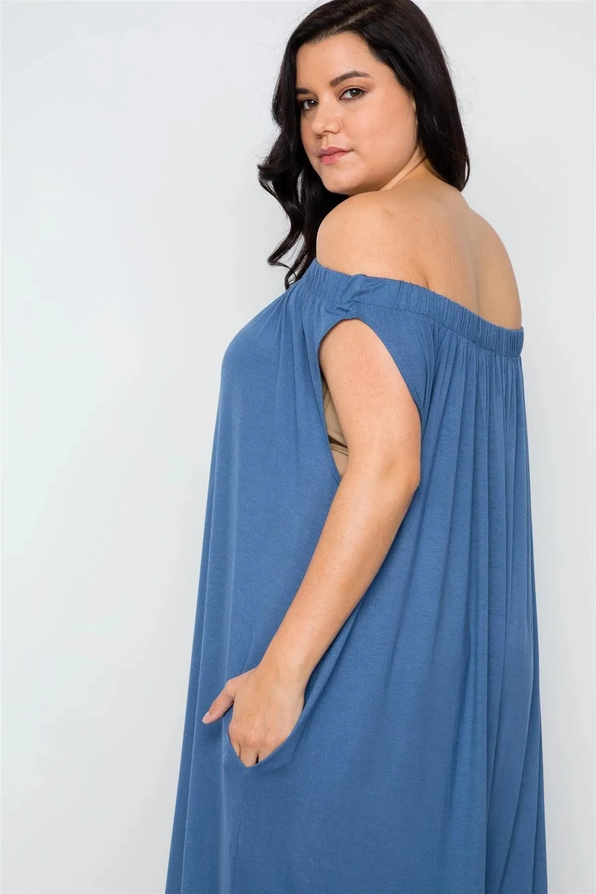 Plus Size Denim Blue Basic Off-The-Shoulder Jumpsuit