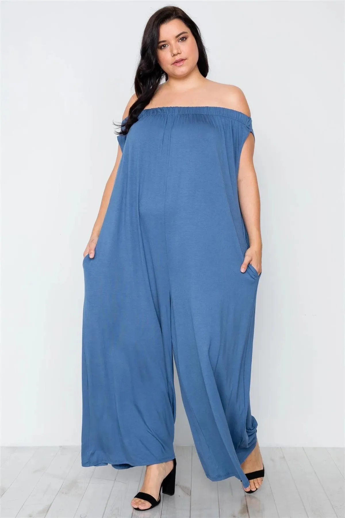 Plus Size Denim Blue Basic Off-The-Shoulder Jumpsuit