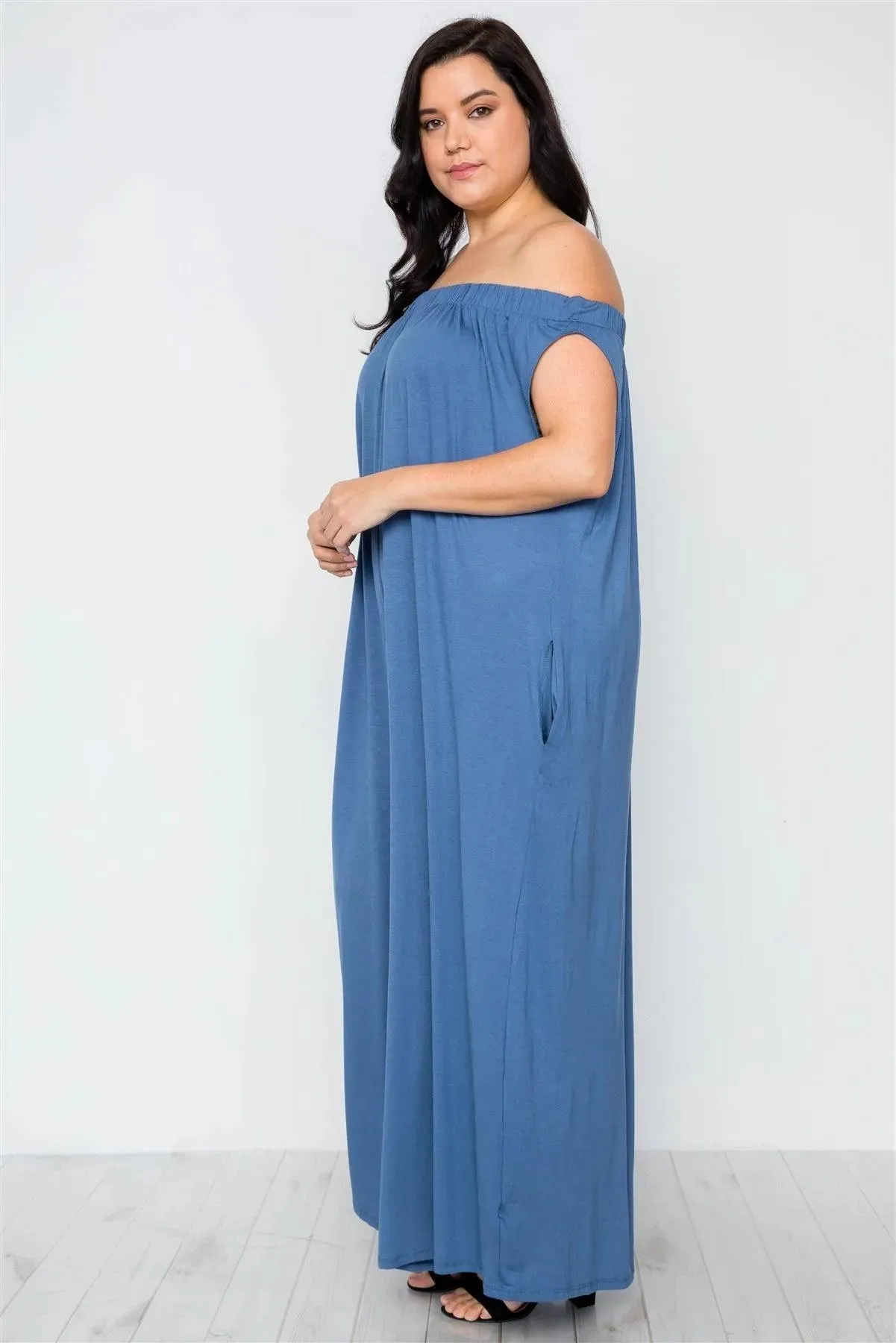 Plus Size Denim Blue Basic Off-The-Shoulder Jumpsuit