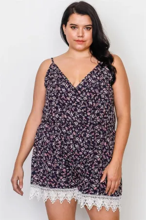 Plus Size Navy Floral Crochet Hem Tie Back Romper / 2-2-2