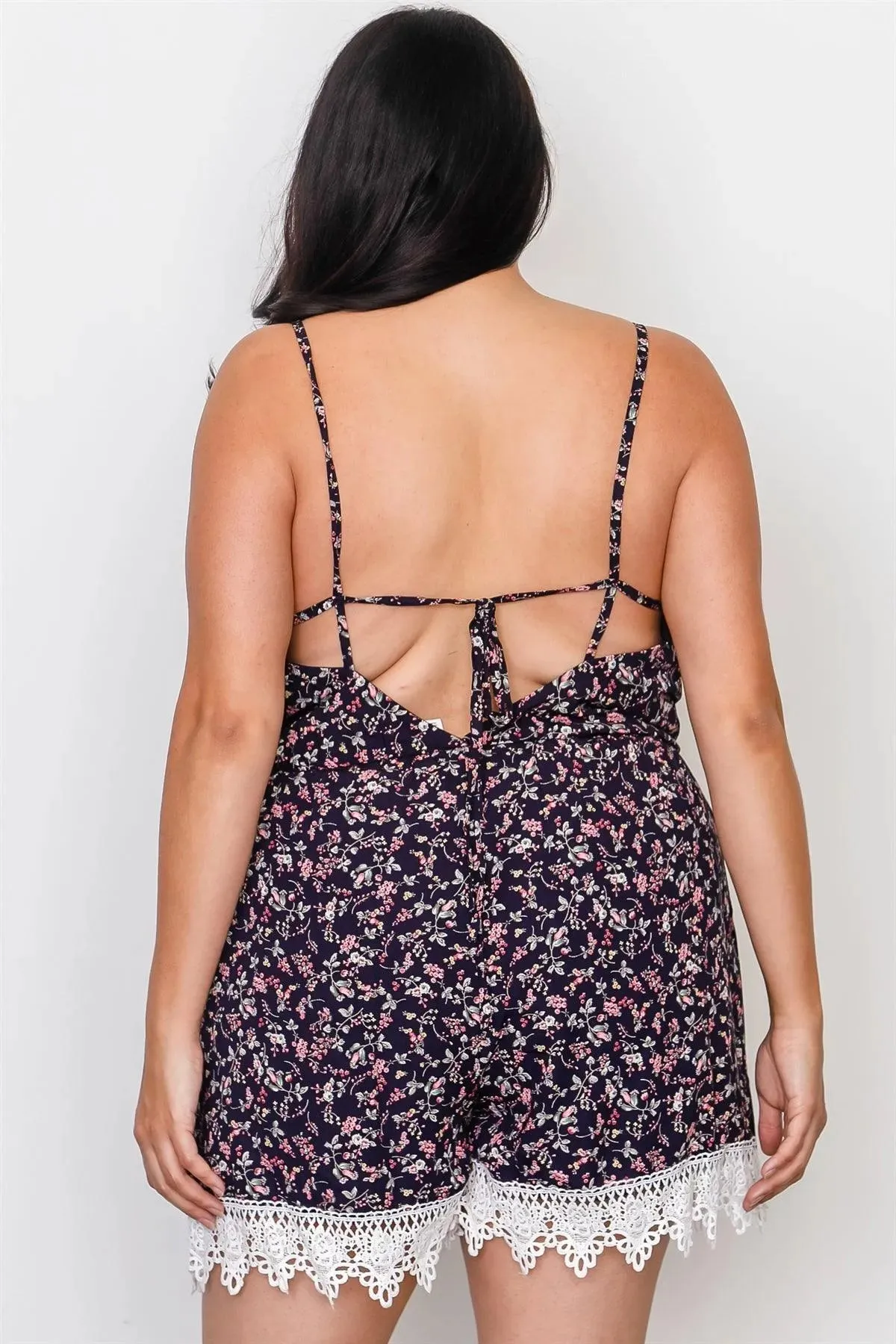 Plus Size Navy Floral Crochet Hem Tie Back Romper / 2-2-2