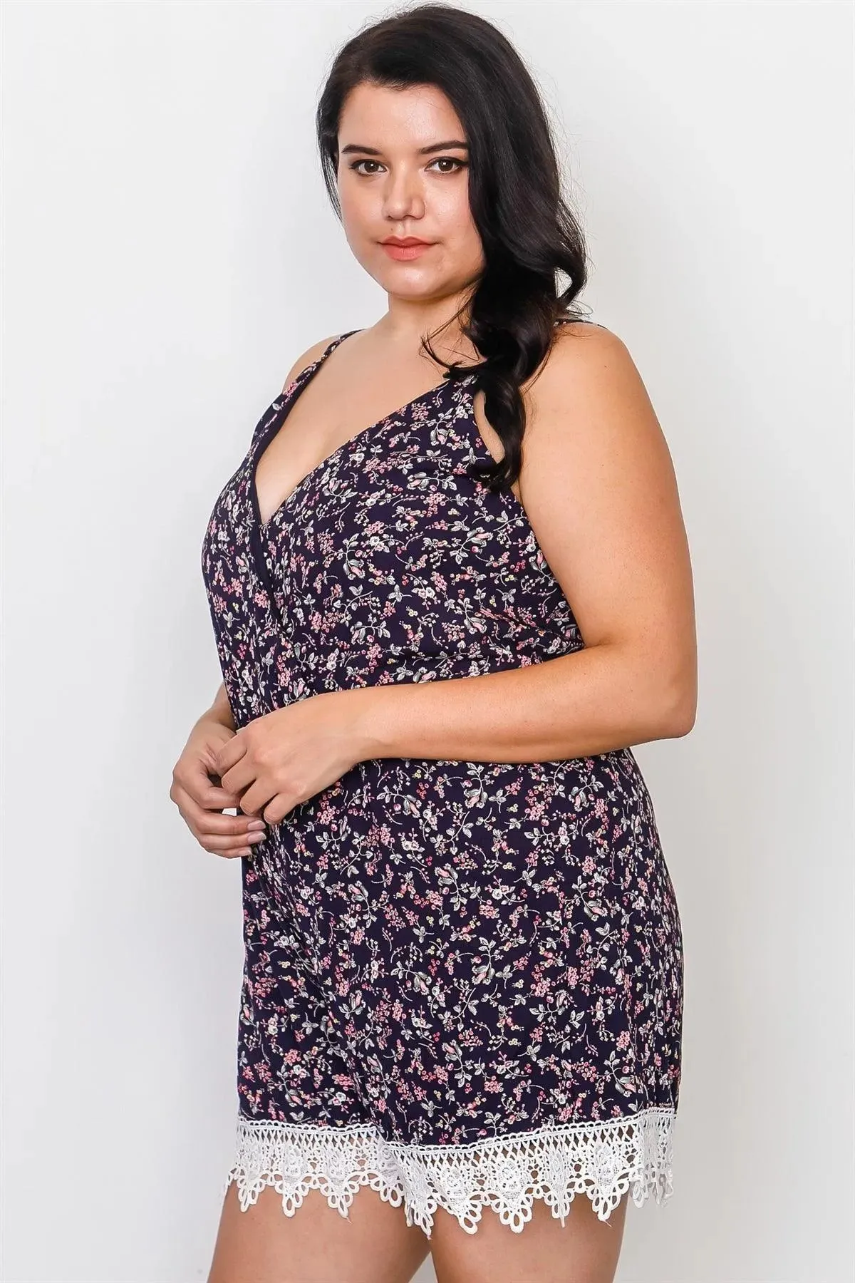 Plus Size Navy Floral Crochet Hem Tie Back Romper / 2-2-2