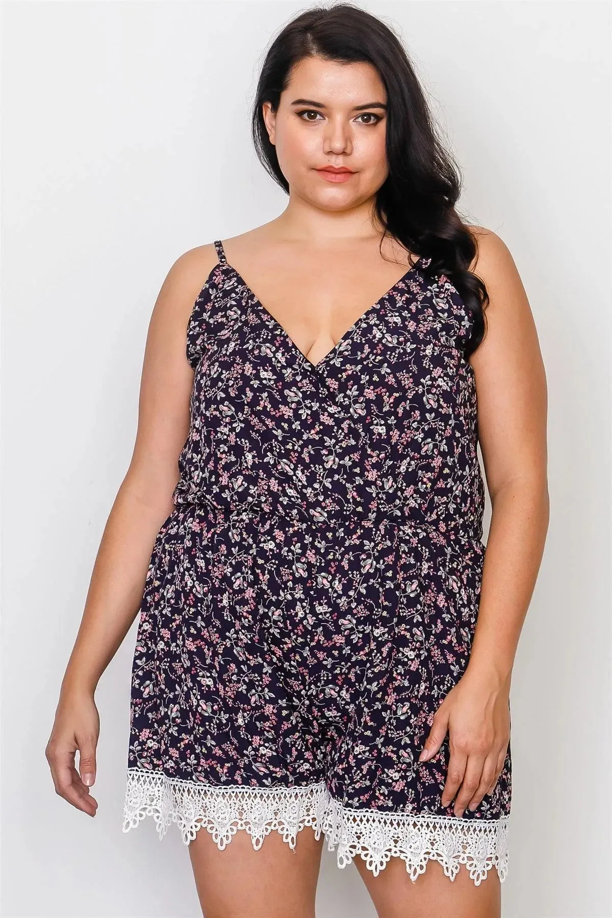 Plus Size Navy Floral Crochet Hem Tie Back Romper / 2-2-2