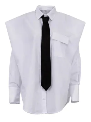 Pre Order:  White Shirt Tie Broad Shoulder Blouse