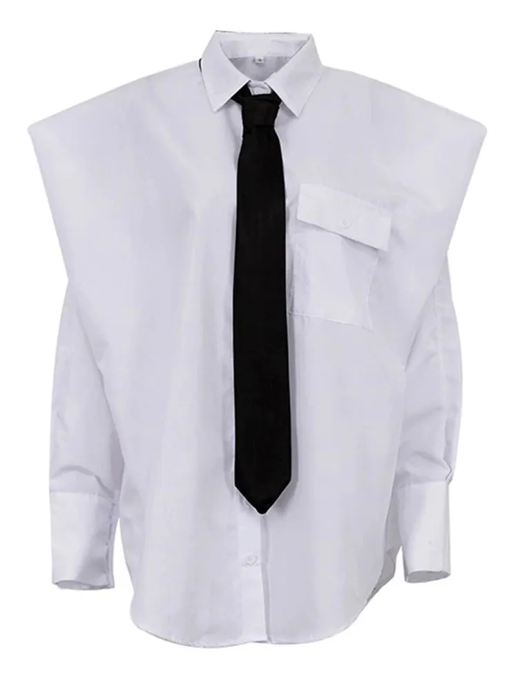 Pre Order:  White Shirt Tie Broad Shoulder Blouse