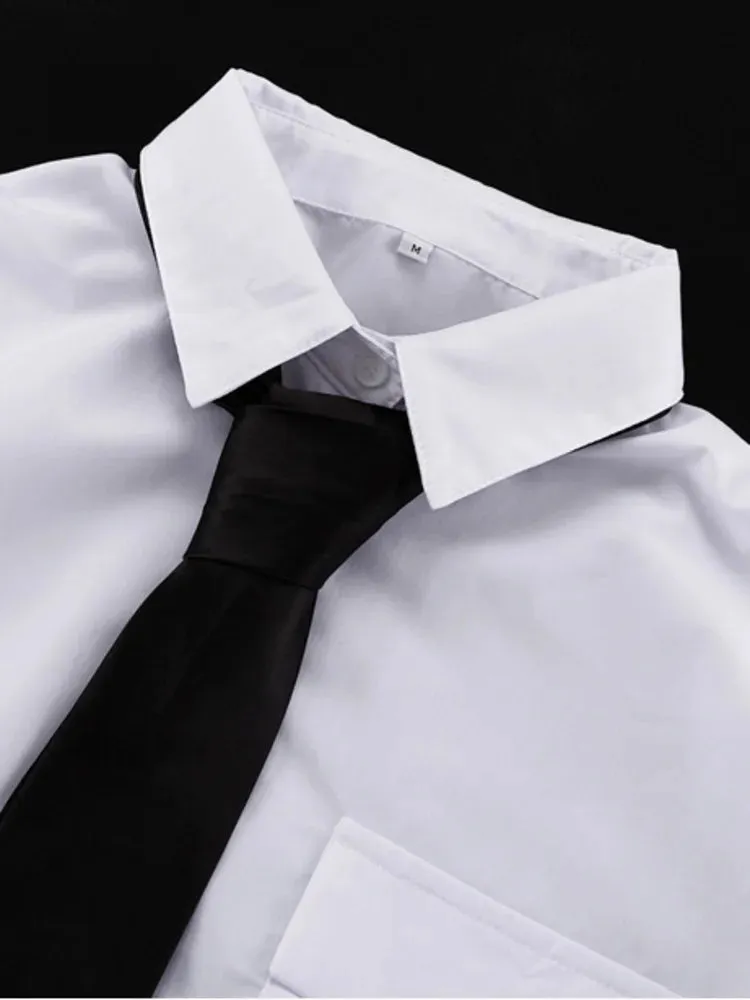 Pre Order:  White Shirt Tie Broad Shoulder Blouse