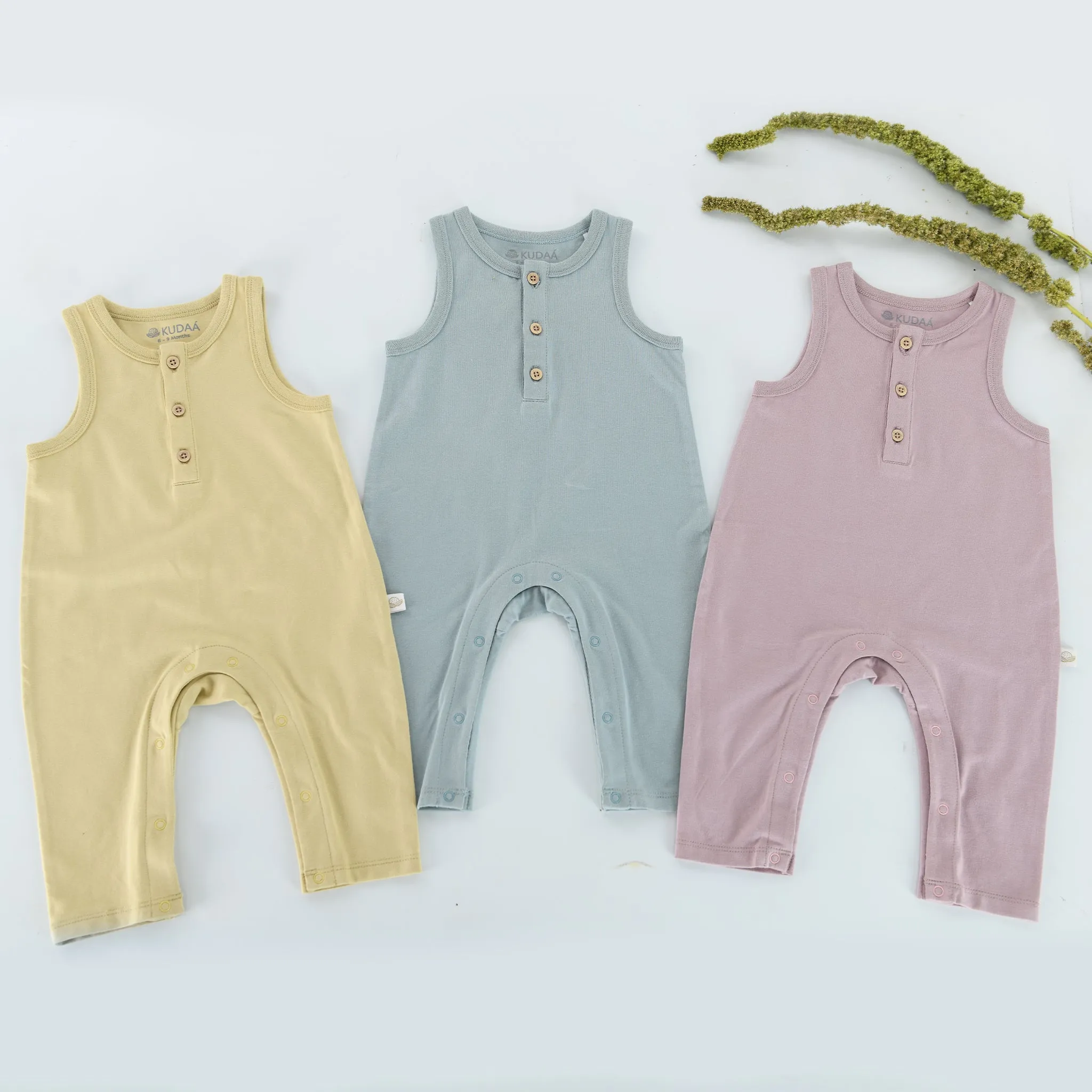 RETIRED - Organic Button Tank Jumpsuit - Green Tea