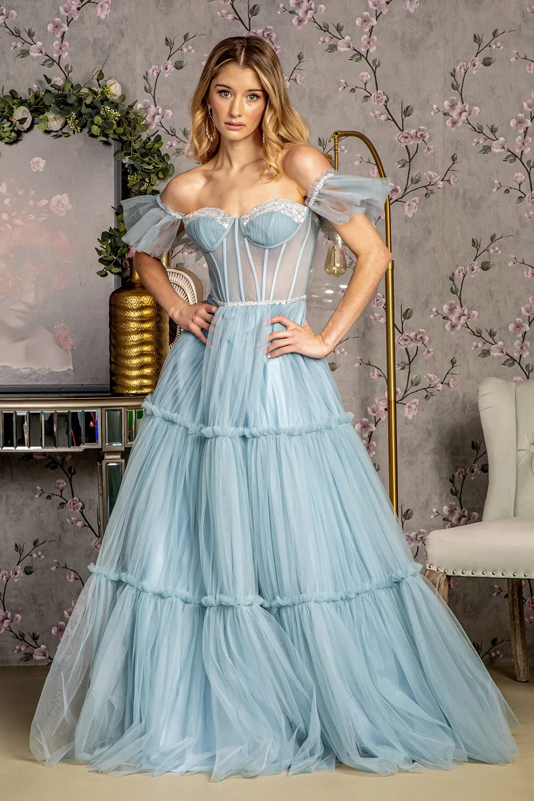 Sequin Bead Sheer Bodice Off Shoulder Mesh A-line Long Dress GLGL3453