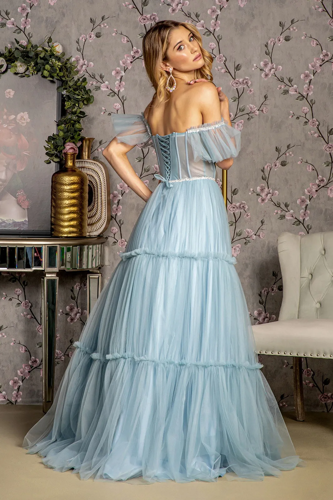 Sequin Bead Sheer Bodice Off Shoulder Mesh A-line Long Dress GLGL3453