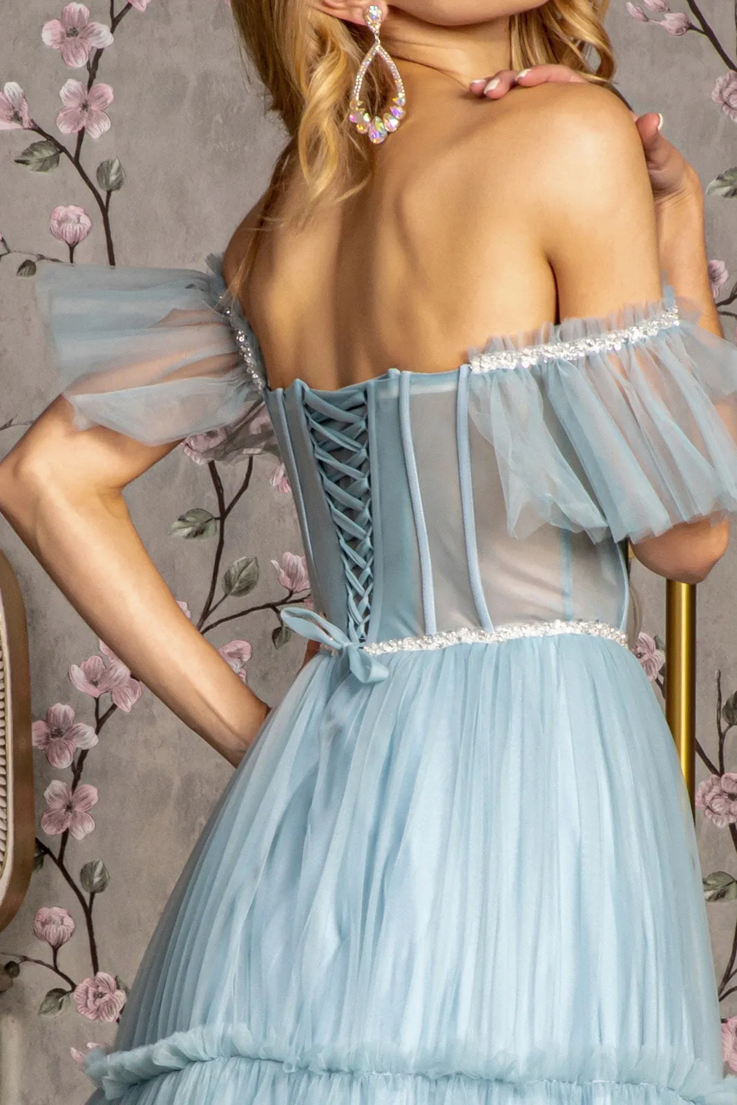 Sequin Bead Sheer Bodice Off Shoulder Mesh A-line Long Dress GLGL3453