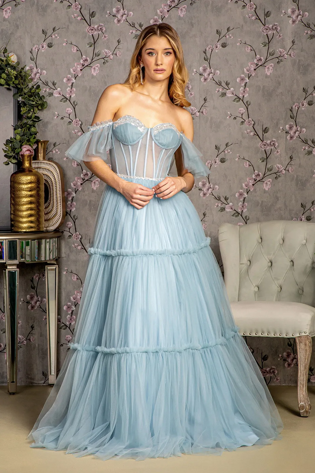 Sequin Bead Sheer Bodice Off Shoulder Mesh A-line Long Dress GLGL3453