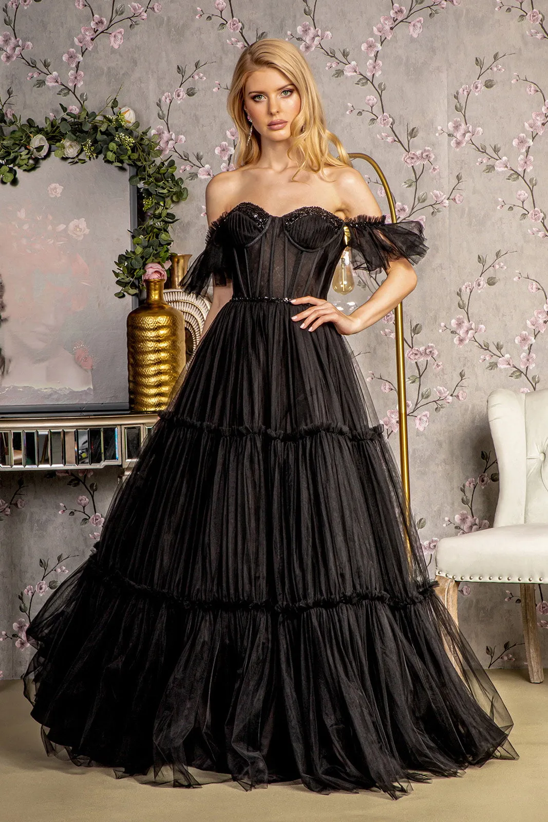 Sequin Bead Sheer Bodice Off Shoulder Mesh A-line Long Dress GLGL3453