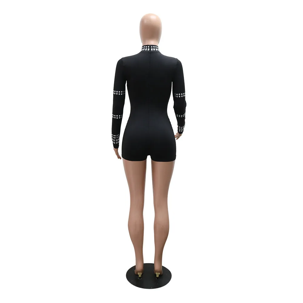 Sexy Black & Silver Rhinestone Diamante Mock Neck Romper Playsuit