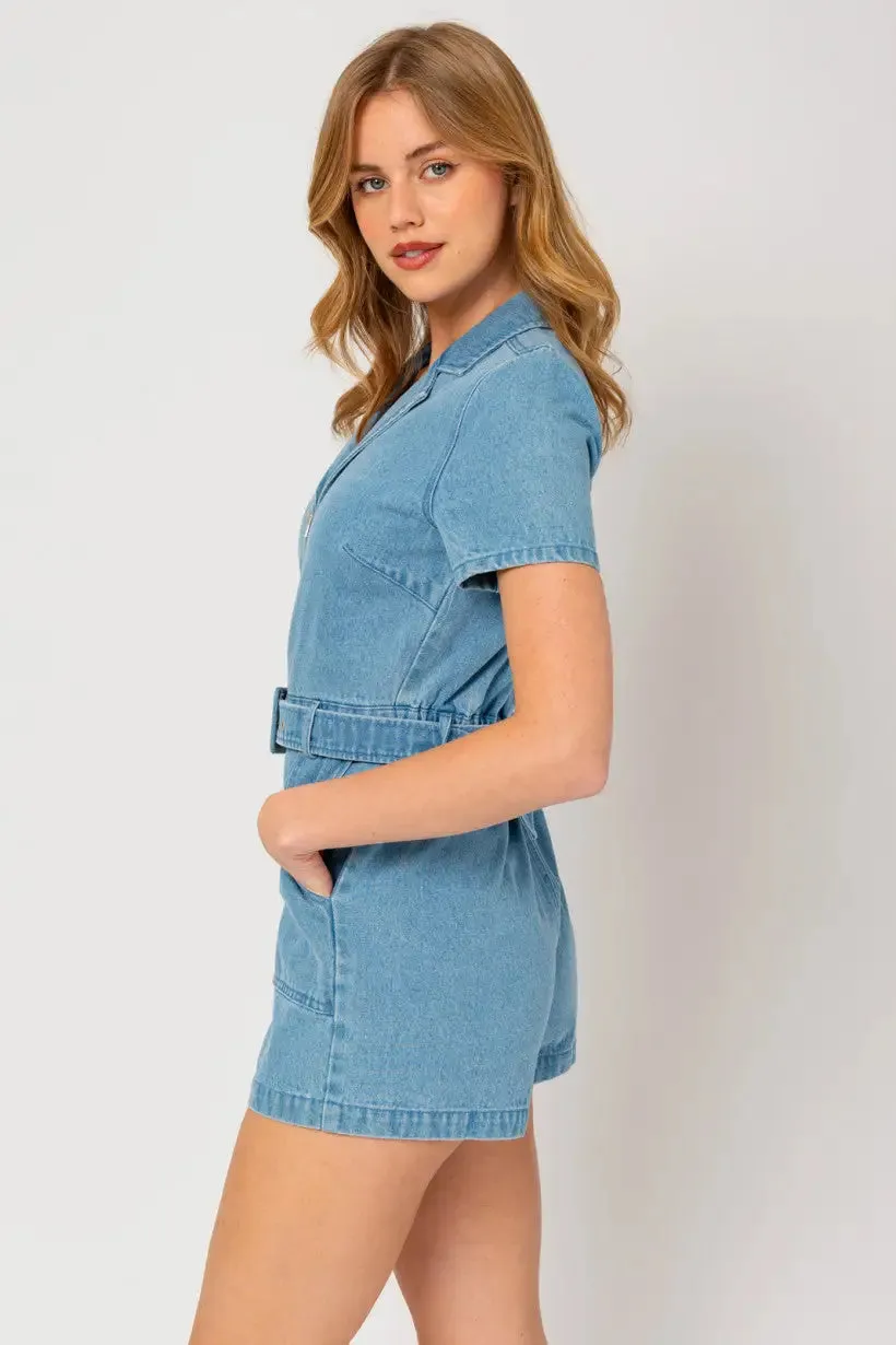 SHORT SLEEVE FRONT ZIP UP DENIM ROMPER