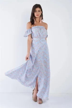 Sky Blue Boho Floral Off-The-Shoulder Maxi Dress  /3-2-1