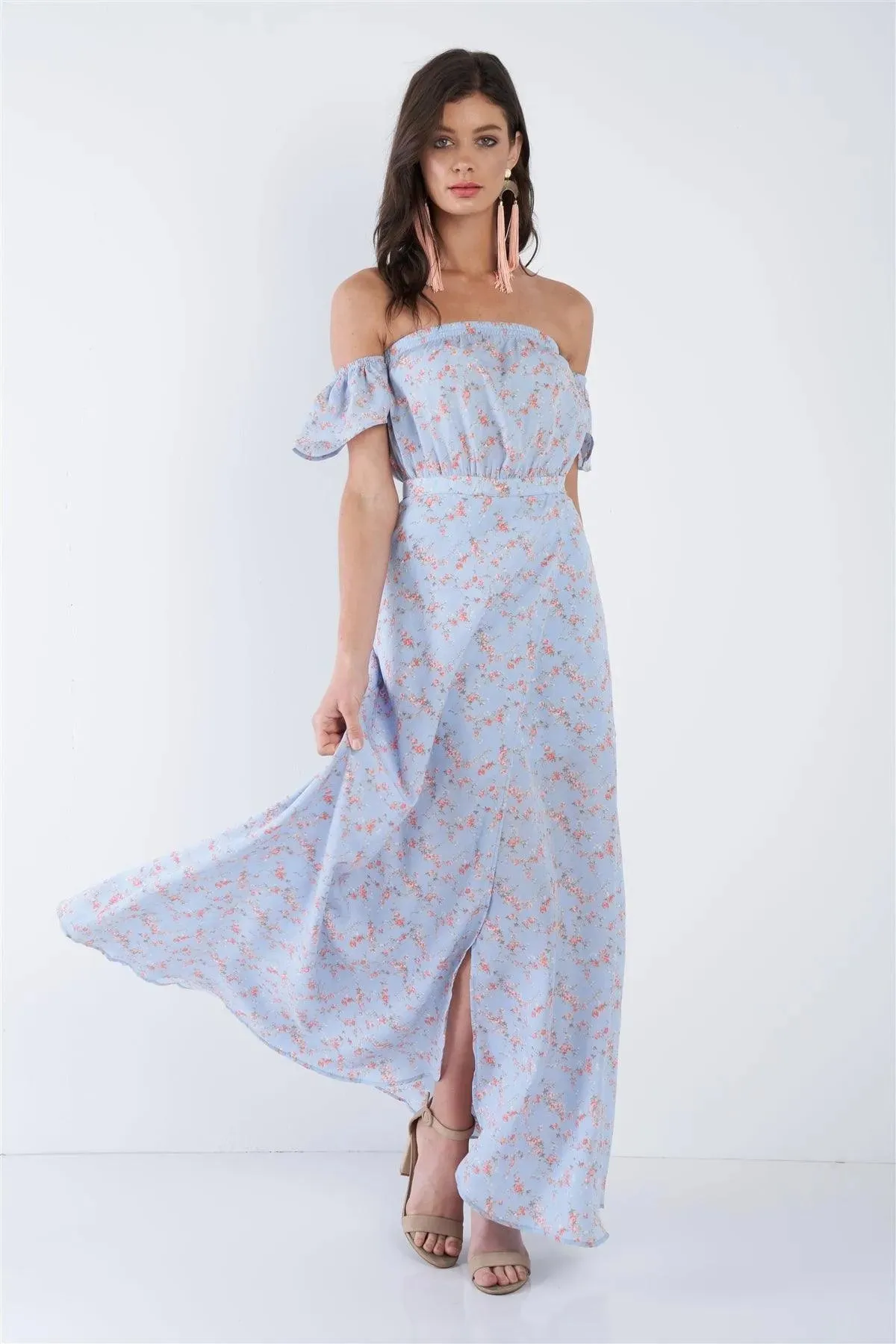 Sky Blue Boho Floral Off-The-Shoulder Maxi Dress  /3-2-1