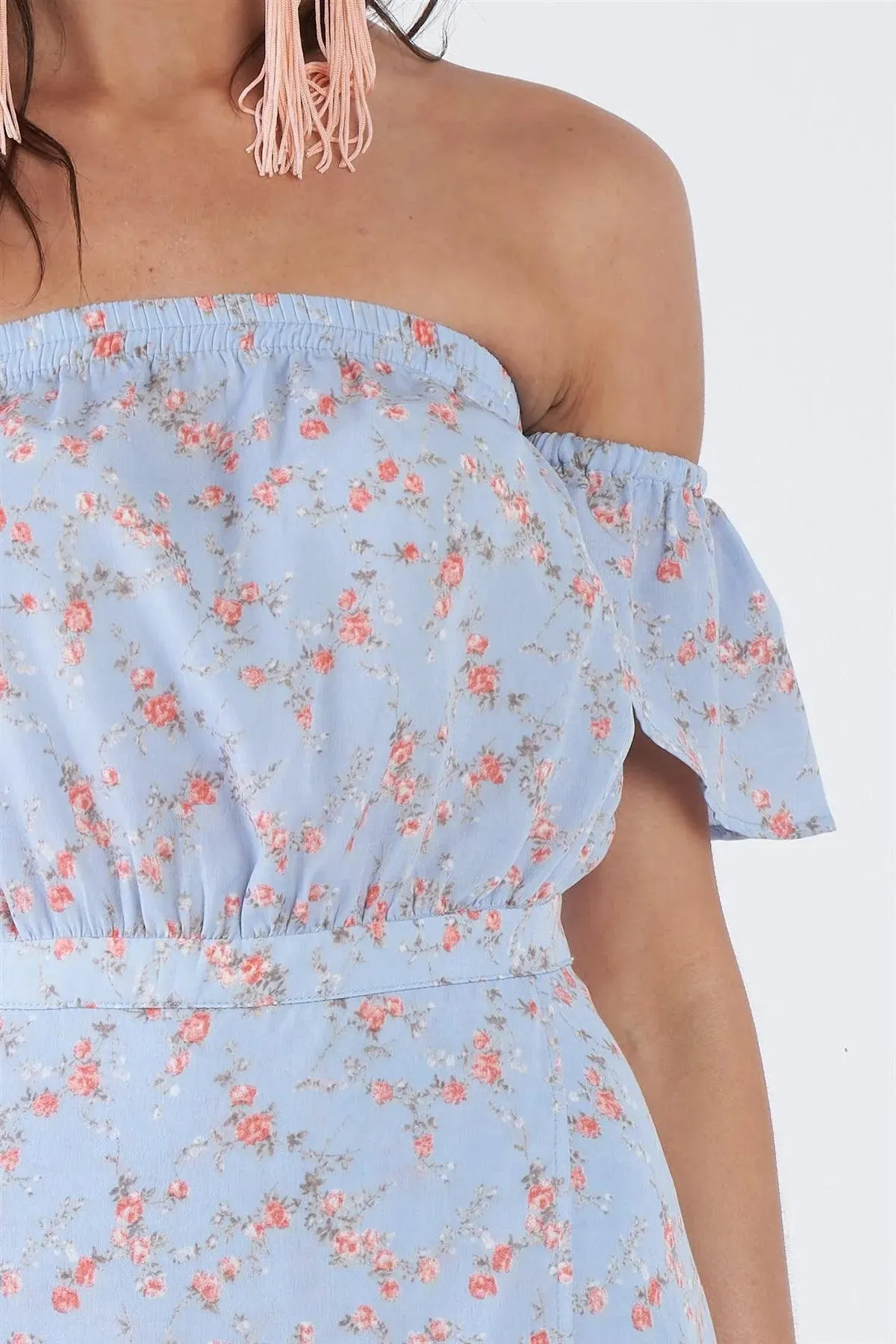 Sky Blue Boho Floral Off-The-Shoulder Maxi Dress  /3-2-1