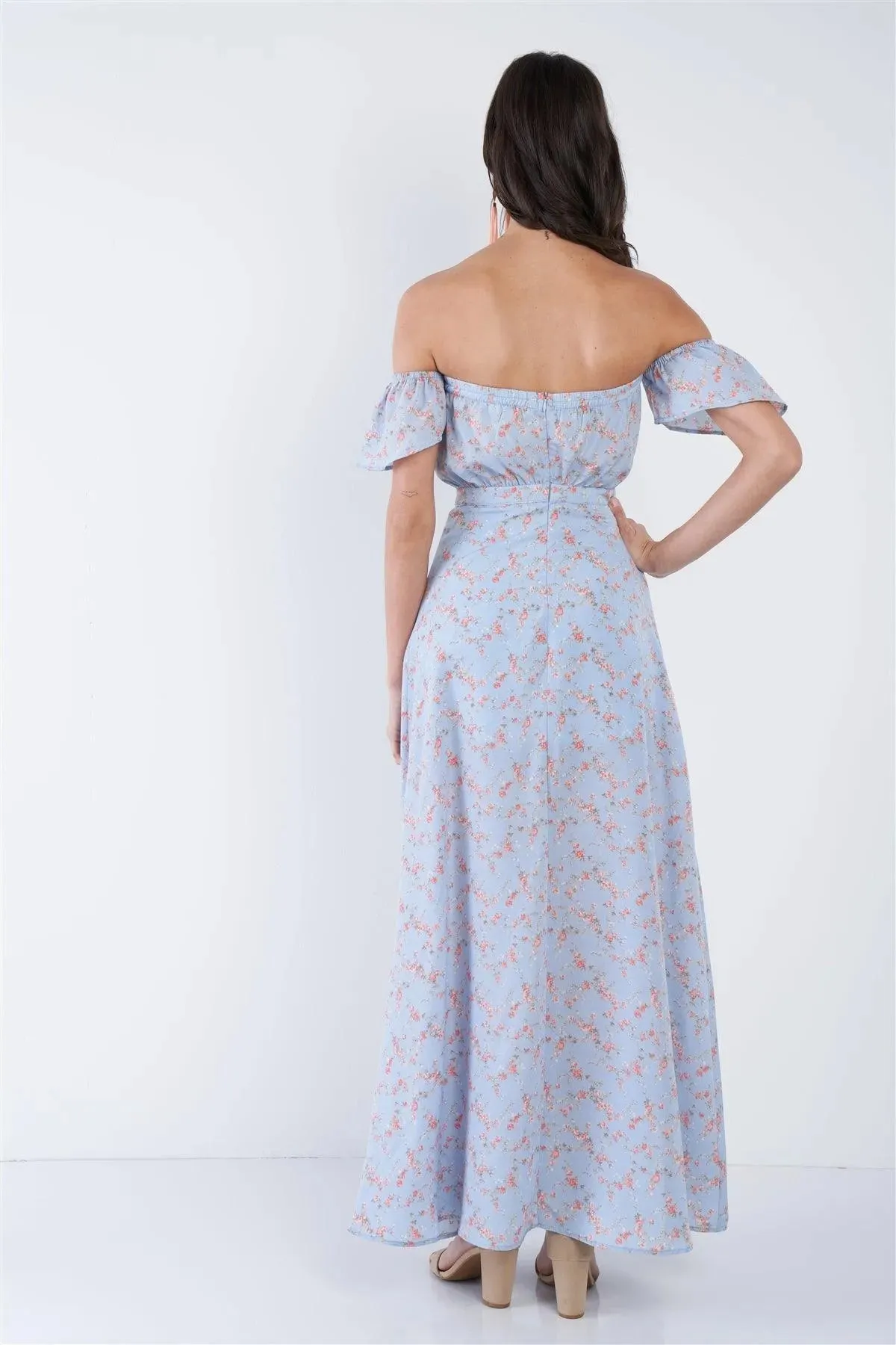 Sky Blue Boho Floral Off-The-Shoulder Maxi Dress  /3-2-1