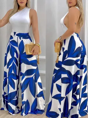 Sleeveless Leaf Print One Shoulder Backless Wide Leg Jumpsuit