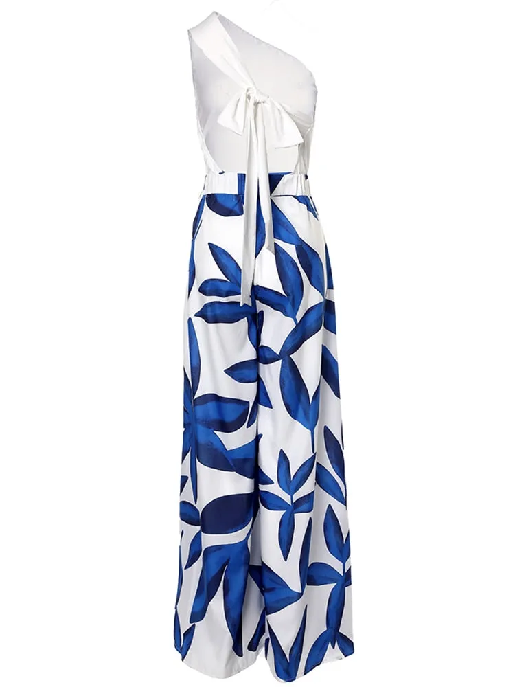 Sleeveless Leaf Print One Shoulder Backless Wide Leg Jumpsuit