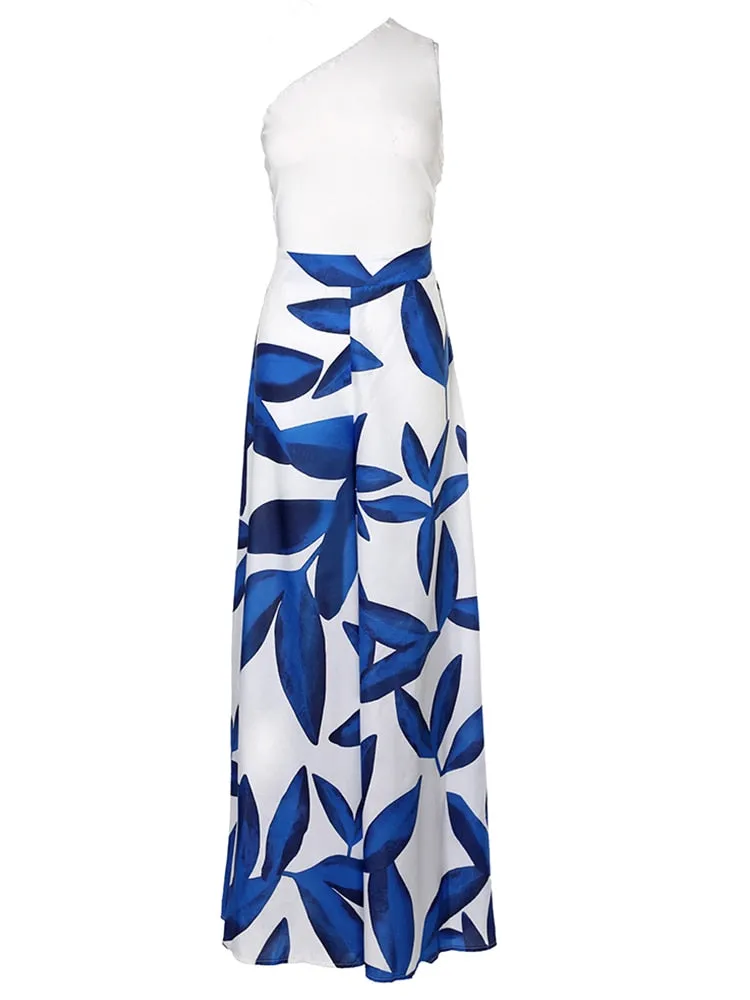 Sleeveless Leaf Print One Shoulder Backless Wide Leg Jumpsuit