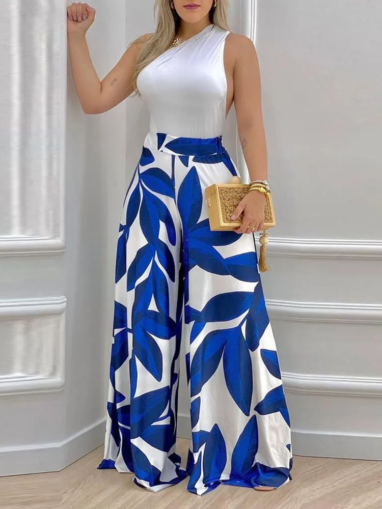 Sleeveless Leaf Print One Shoulder Backless Wide Leg Jumpsuit