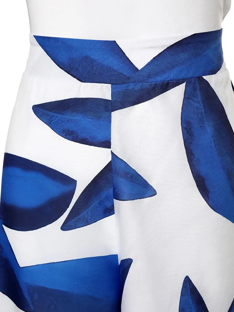 Sleeveless Leaf Print One Shoulder Backless Wide Leg Jumpsuit