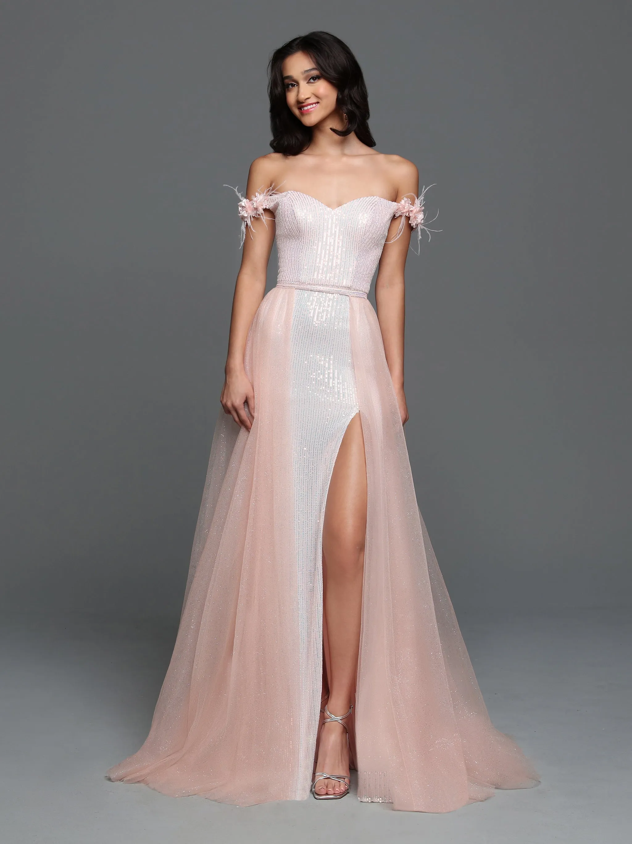 Sparkle Prom 72291 Size 6 Pink Long Sequin Off the shoulder feather Lace Prom Dress Overskirt Shimmer Pageant Gown