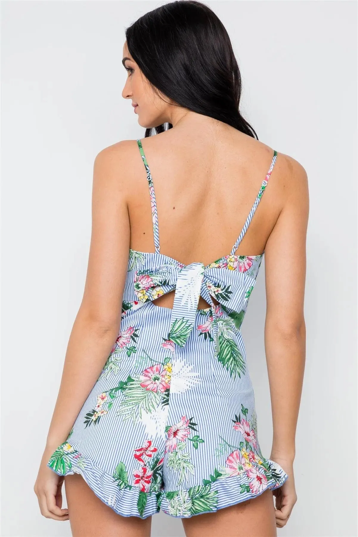 Stripe Blue Tropical Floral Print Ruffle Romper /3-2-1