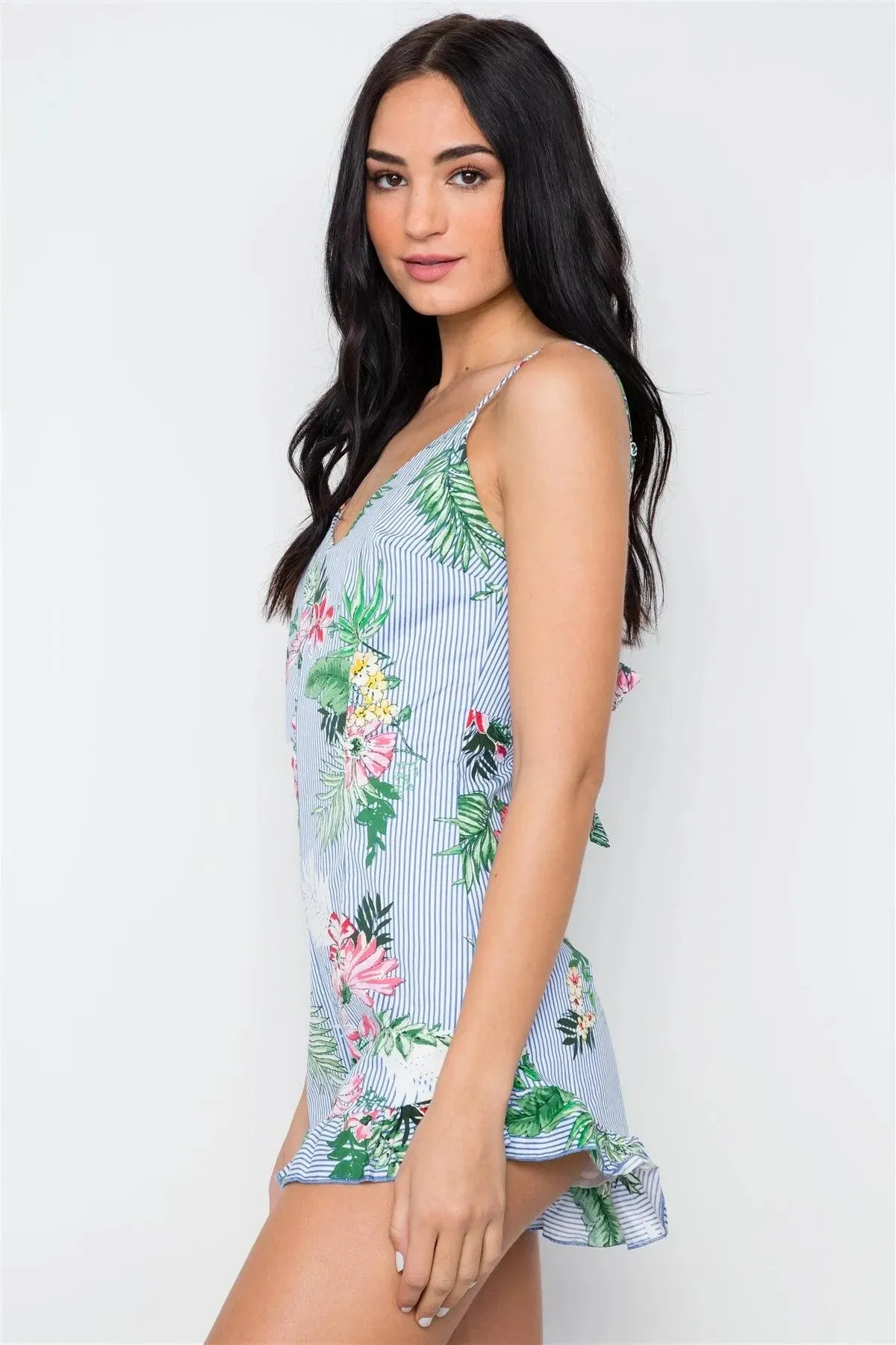 Stripe Blue Tropical Floral Print Ruffle Romper /3-2-1