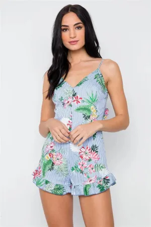 Stripe Blue Tropical Floral Print Ruffle Romper /3-2-1