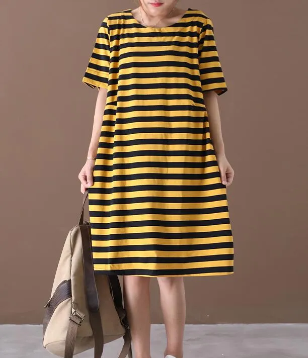 Striped O Neck Women Dresses Casual Linen Women Dresses Bat Short Sleeve SSM97215