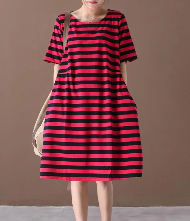 Striped O Neck Women Dresses Casual Linen Women Dresses Bat Short Sleeve SSM97215
