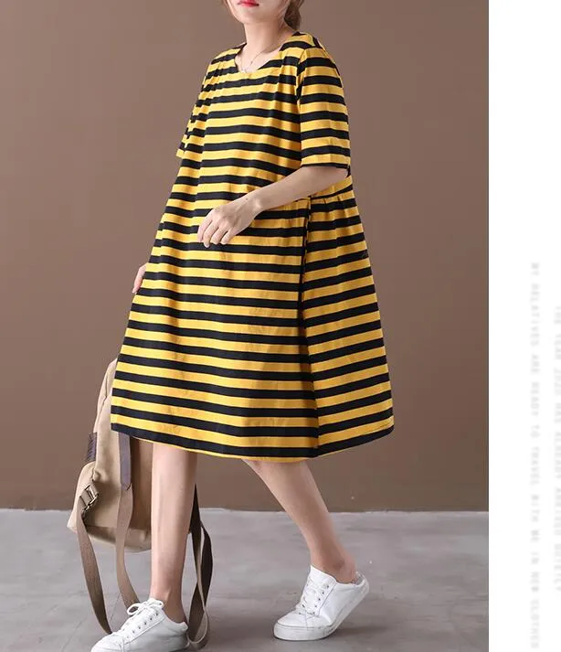 Striped O Neck Women Dresses Casual Linen Women Dresses Bat Short Sleeve SSM97215