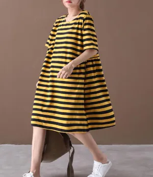 Striped O Neck Women Dresses Casual Linen Women Dresses Bat Short Sleeve SSM97215