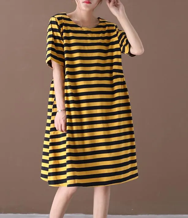 Striped O Neck Women Dresses Casual Linen Women Dresses Bat Short Sleeve SSM97215