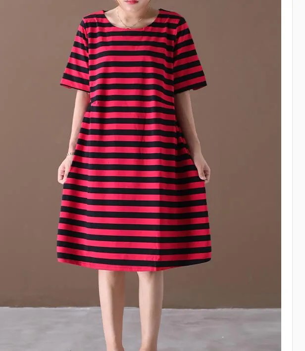 Striped O Neck Women Dresses Casual Linen Women Dresses Bat Short Sleeve SSM97215