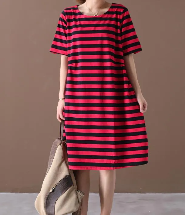 Striped O Neck Women Dresses Casual Linen Women Dresses Bat Short Sleeve SSM97215