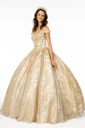 Sweetheart Neckline Cut-Away Shoulder Glitter Mesh Quinceanera Dress GLGL1820