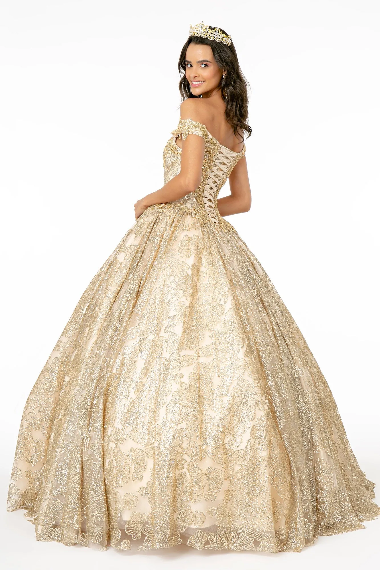Sweetheart Neckline Cut-Away Shoulder Glitter Mesh Quinceanera Dress GLGL1820