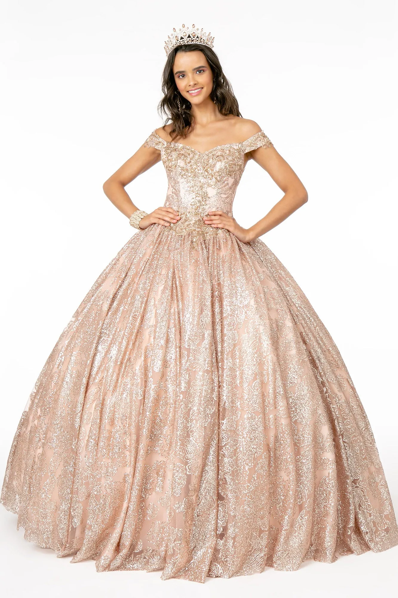 Sweetheart Neckline Cut-Away Shoulder Glitter Mesh Quinceanera Dress GLGL1820
