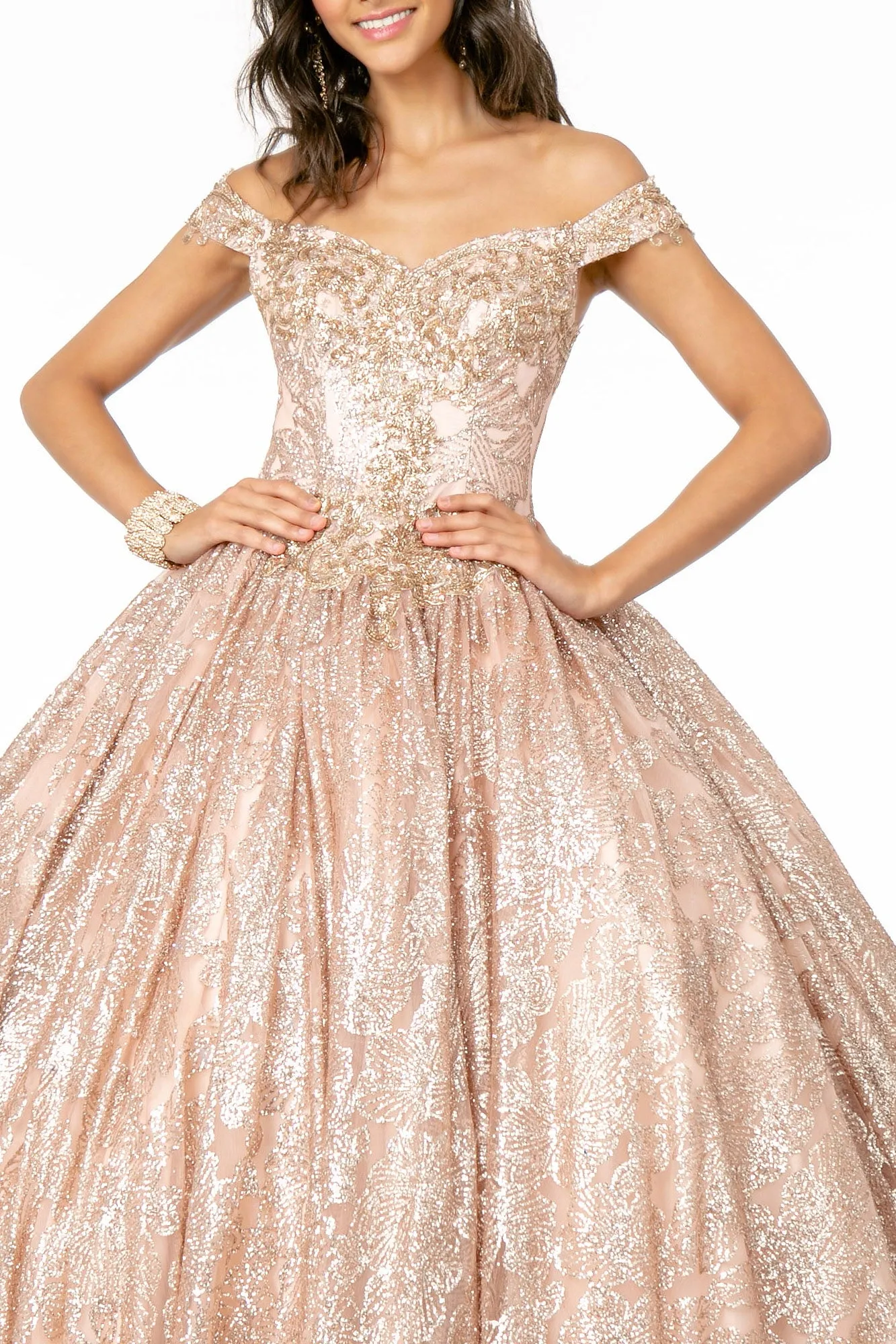 Sweetheart Neckline Cut-Away Shoulder Glitter Mesh Quinceanera Dress GLGL1820