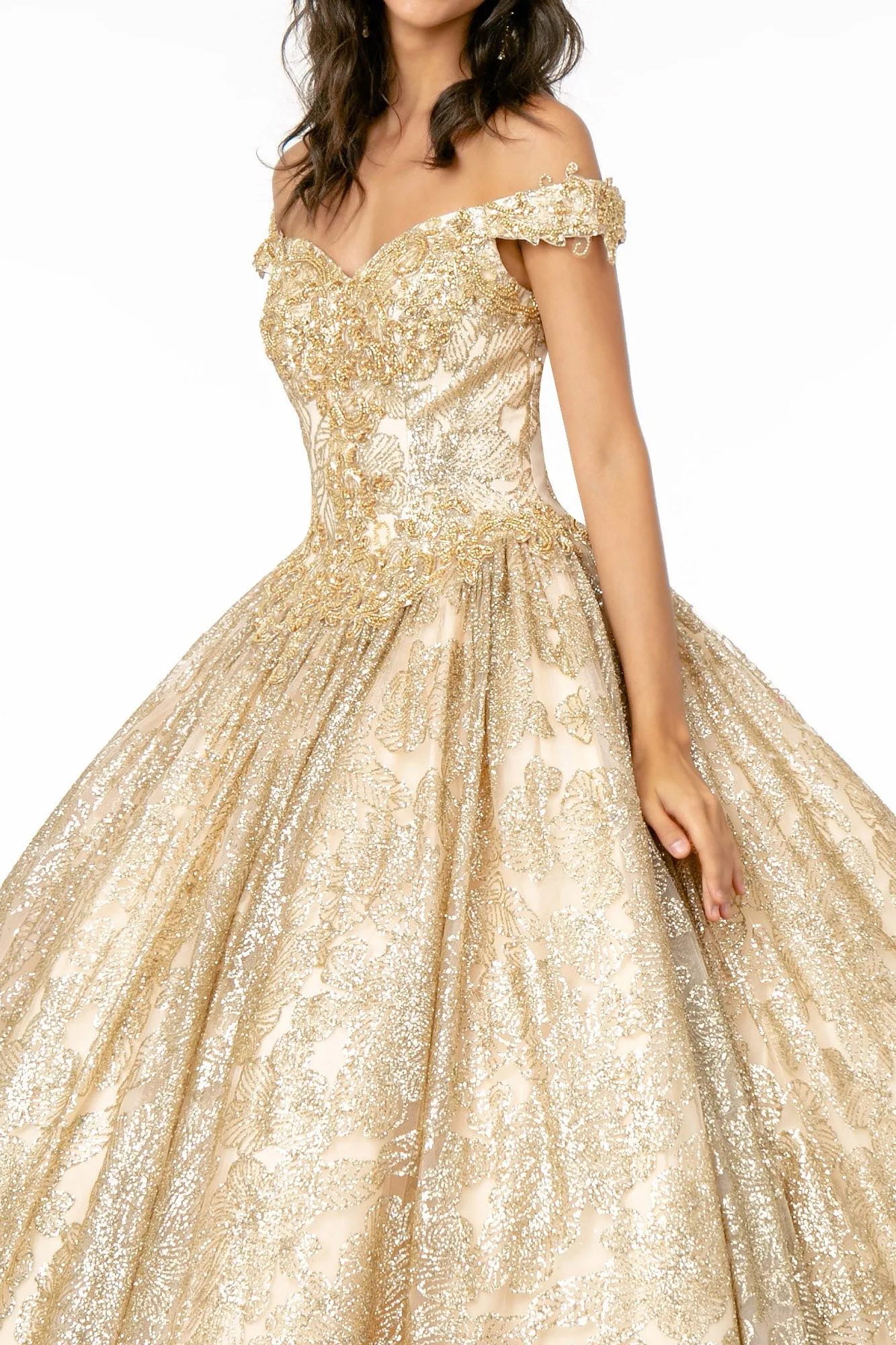Sweetheart Neckline Cut-Away Shoulder Glitter Mesh Quinceanera Dress GLGL1820