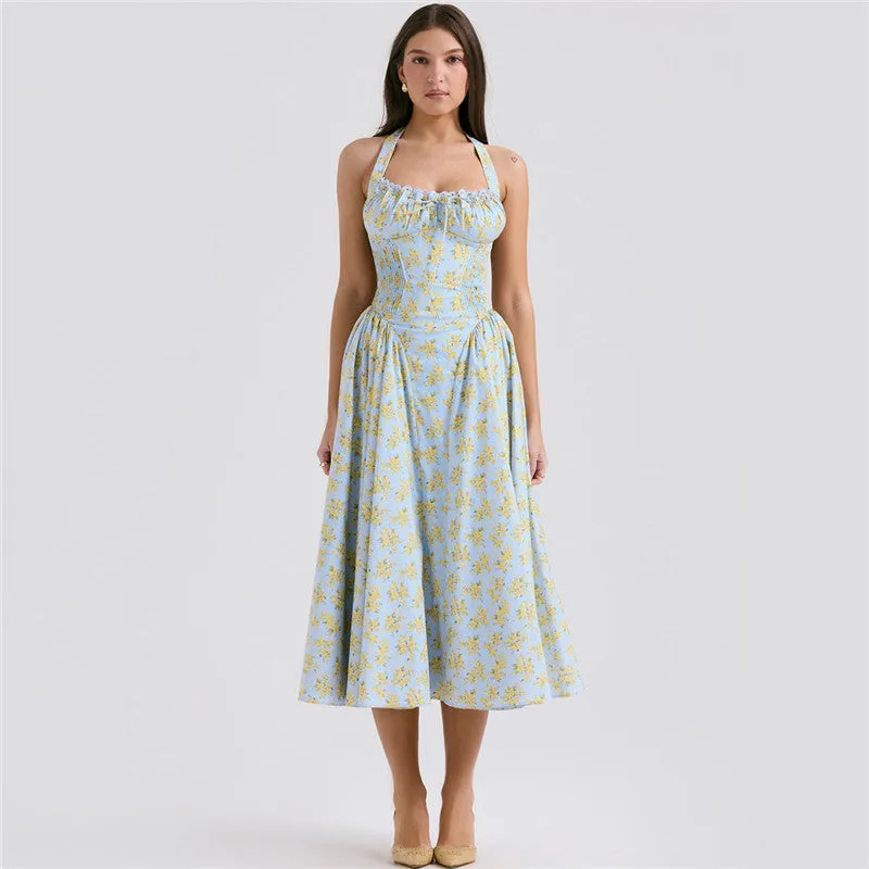 Tina Floral Print A-line Sexy Midi Dress