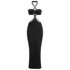 Trend4us Women's Crystal Embellished Cutout Halter Evening Gown