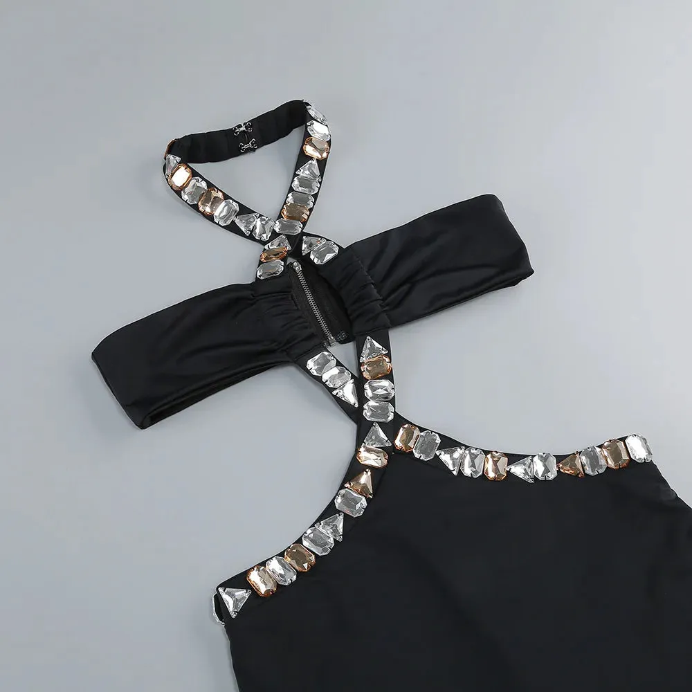 Trend4us Women's Crystal Embellished Cutout Halter Evening Gown