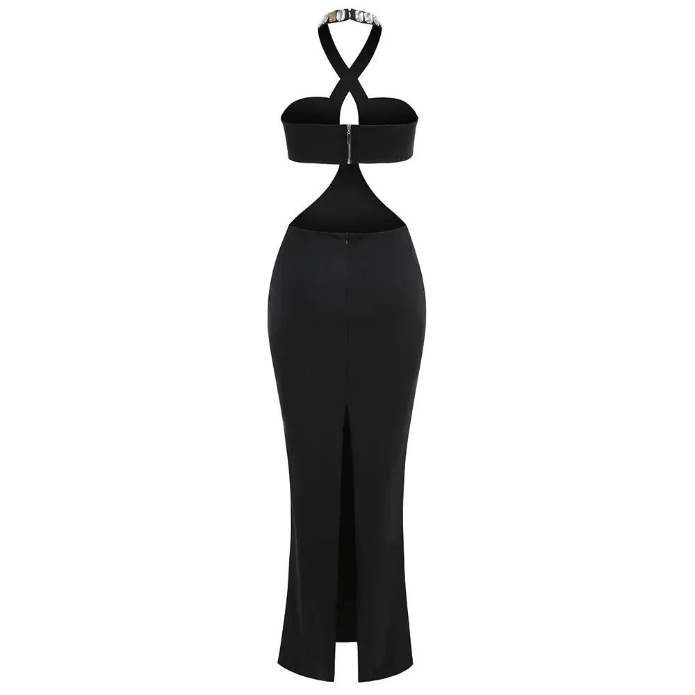 Trend4us Women's Crystal Embellished Cutout Halter Evening Gown